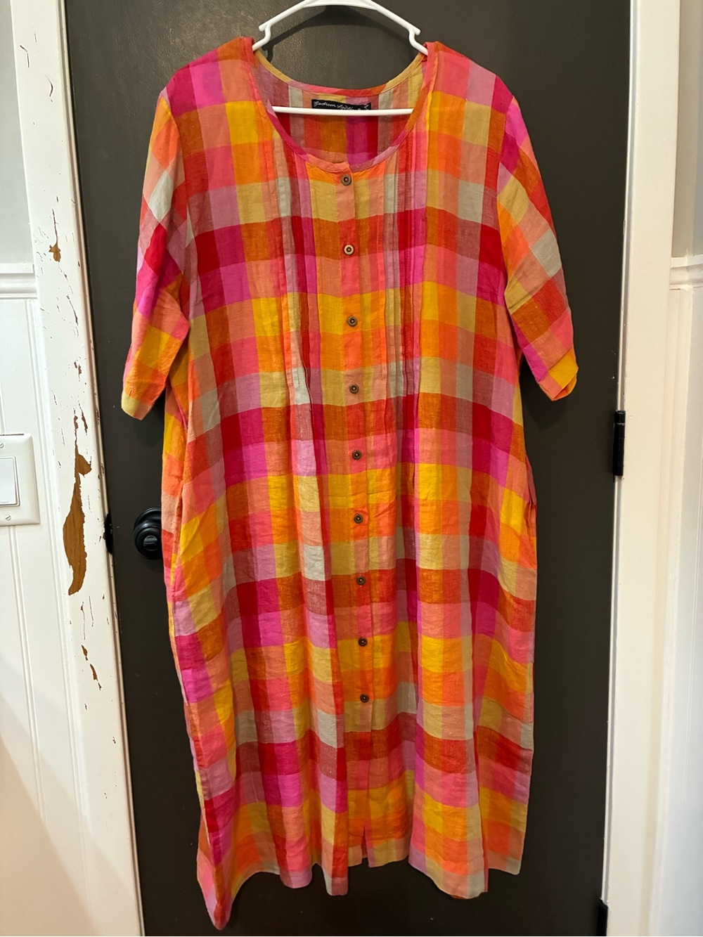 VIBRANT! Gudrun Sjoden Pink/Orange/Yellow organic linen plaid midi tunic dress